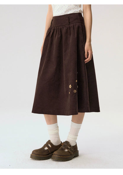 [CAN] “Caramel Glow” Brown Corduroy High-Waist A-Line Skirt