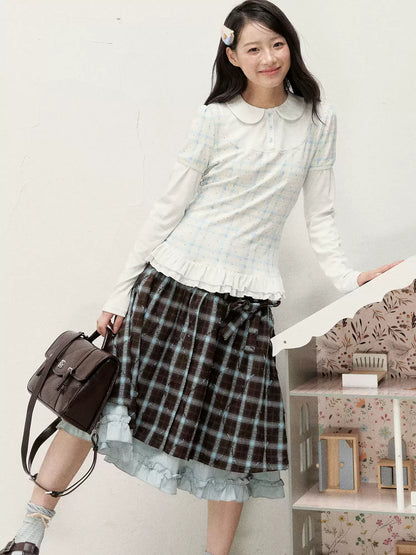 [RF] Star Blue Faux Two-Piece Lace-Trim Blouse with Peter Pan Collar
