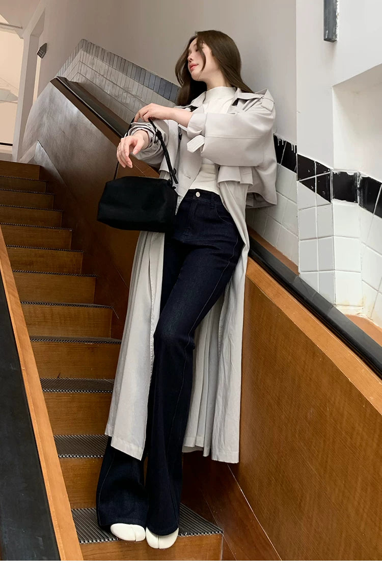 LaluneDuCiel - Beige Gray Double-Breasted Long Trench Coat