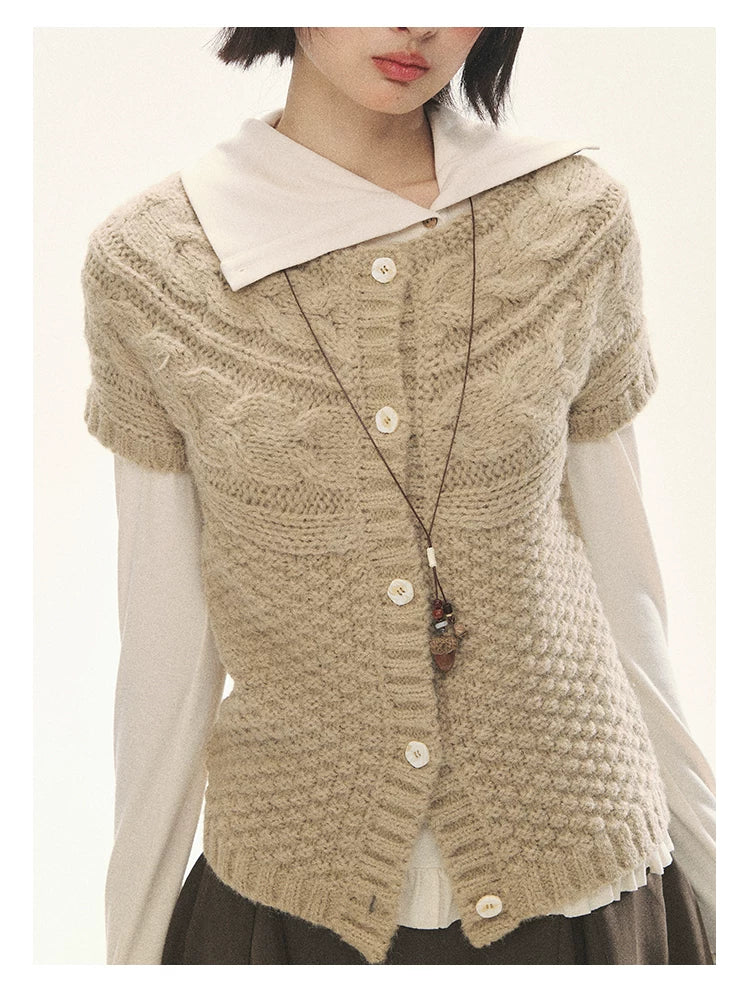 "Rice Knit" Wool-Blend Short Sleeve Knit Cardigan (Moss Coffee Green/ Dusk Dusty Pink)