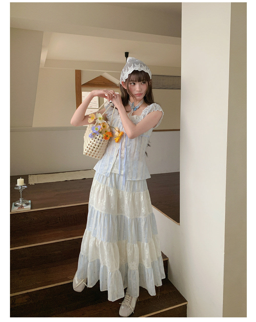 “Sea Salt Reverie” Blue Square Neck Blouse & Lace Tiered Maxi Skirt