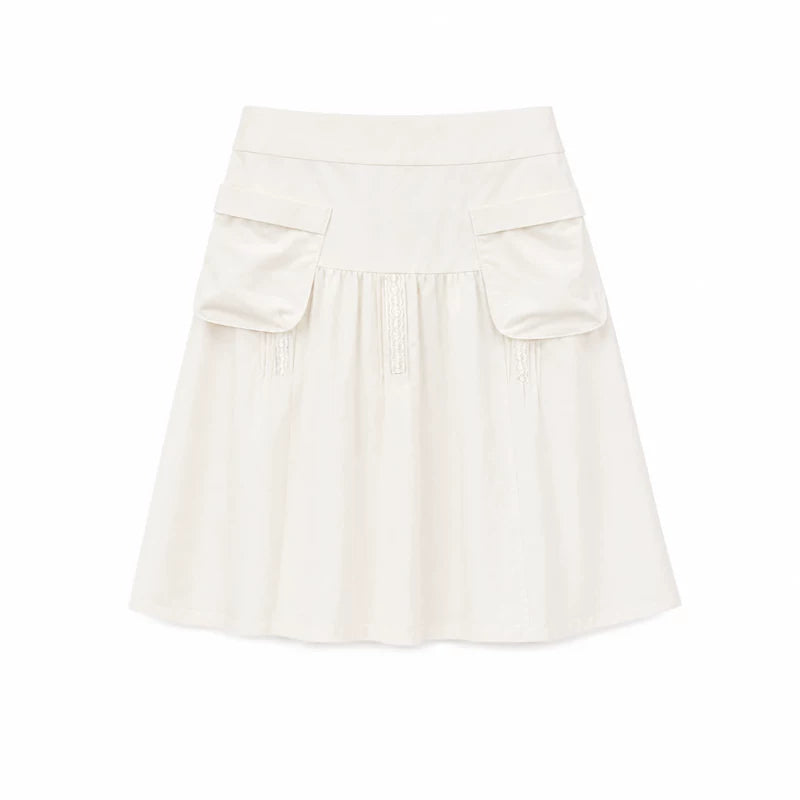 DAILY ARTIST - Lace-Trim Tuck-Pleat A-Line Skirt (White / Gray)