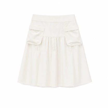 DAILY ARTIST - Lace-Trim Tuck-Pleat A-Line Skirt (White / Gray)
