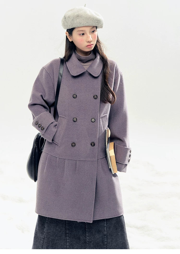 "Winter Chime" Double-Breasted Quilted Wool-Blend Coat (Smoky Purple/ Ash Gray)