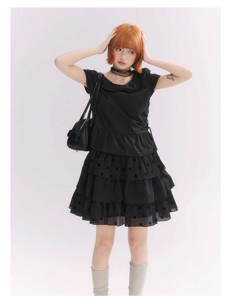“Midnight Sweetheart” Black Korean-Style Bow Polka Dot Tiered Dress