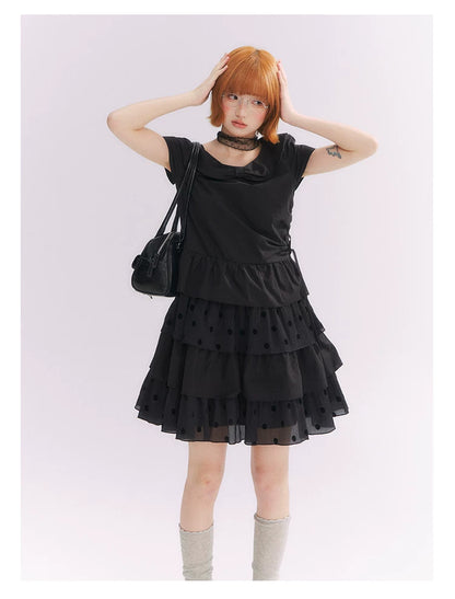 “Midnight Sweetheart” Black Korean-Style Bow Polka Dot Tiered Dress