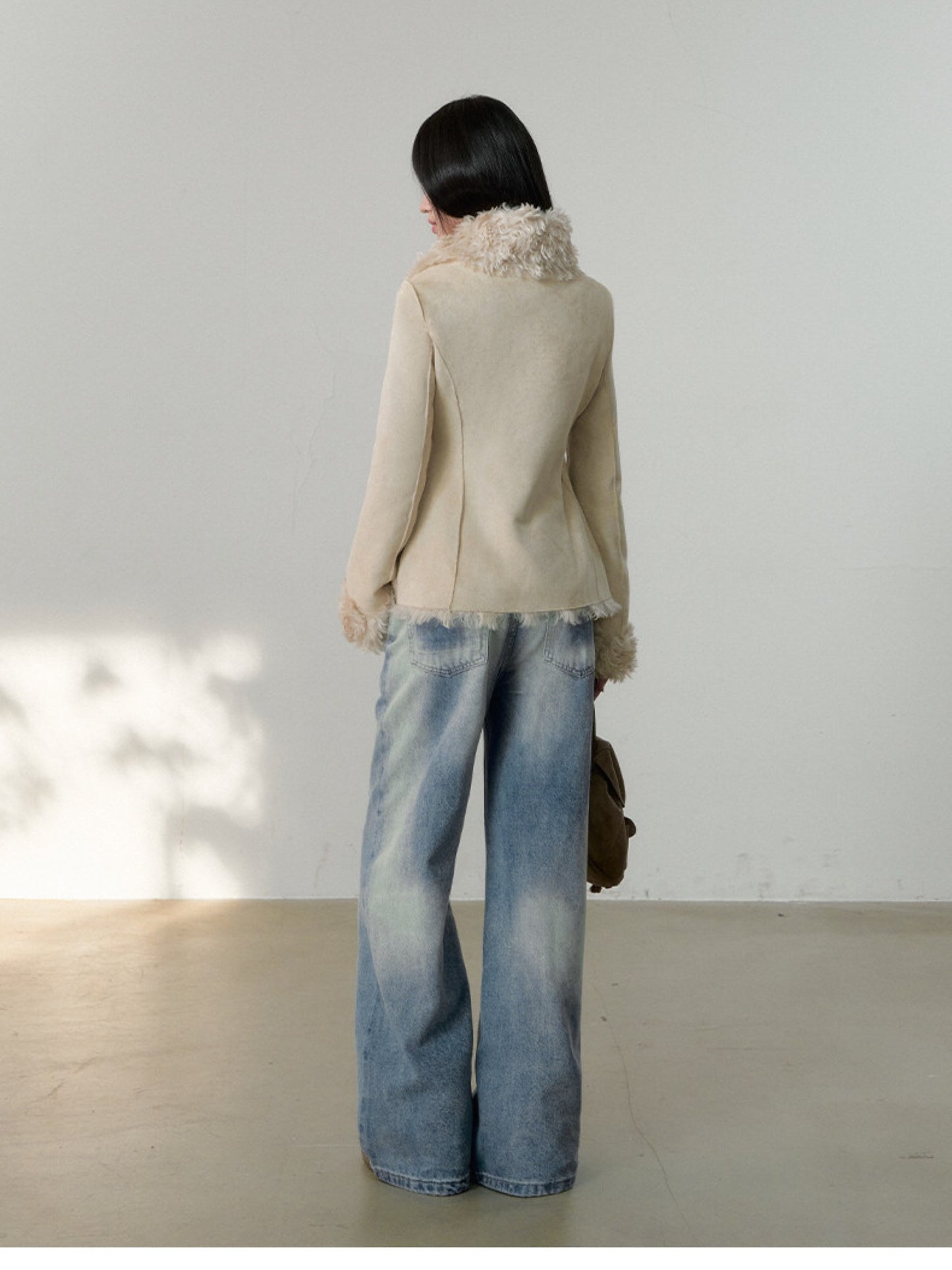 Soote Season - Cream Latte Faux Suede Toggle Belted Shearling Jacket