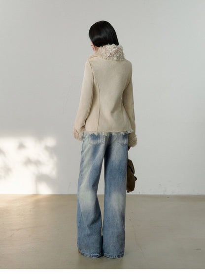 Soote Season - Cream Latte Faux Suede Toggle Belted Shearling Jacket