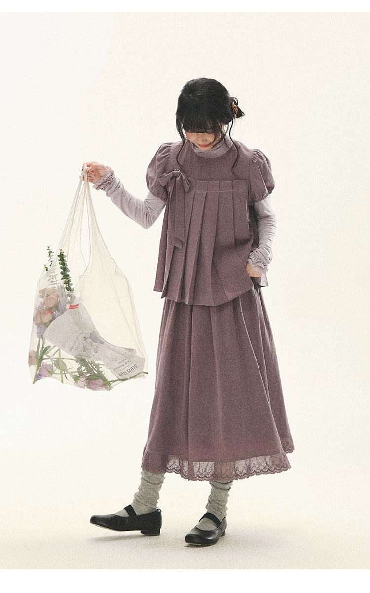 "Whispers Between Pleats" Gray Grape Purple Pleated Top & Maxi Skirt Set