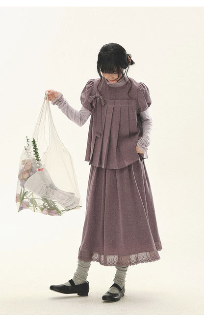 "Whispers Between Pleats" Gray Grape Purple Pleated Top & Maxi Skirt Set