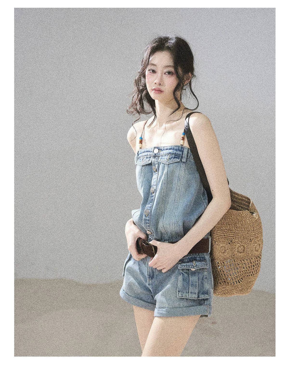 "A Walk by the Sea" Collegiate Blue Denim Utility Romper (With Belt)