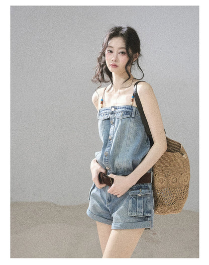 "A Walk by the Sea" Collegiate Blue Denim Utility Romper (With Belt)