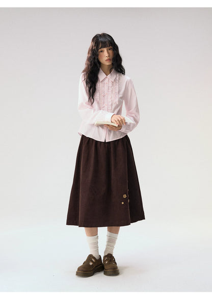 [CAN] “Caramel Glow” Brown Corduroy High-Waist A-Line Skirt