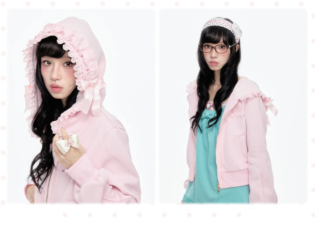 “Ribbon Daydream” Pink Cropped Zip-Up Hoodie
