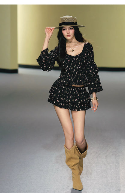"Midnight Tea Garden" Black Floral Ruffle Blouse & Tiered Mini Skirt Set