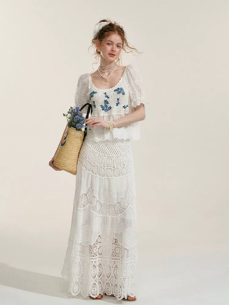 White Floral Embroidery Crochet-Detail Blouse