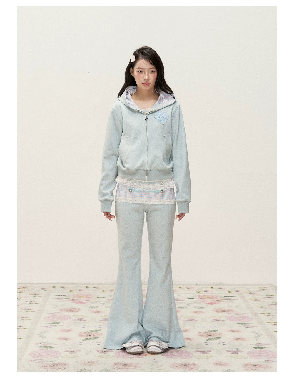 [RF] Soft Gingham Color-Block Hoodie and Flare Pants Set (Blue / Mauve)