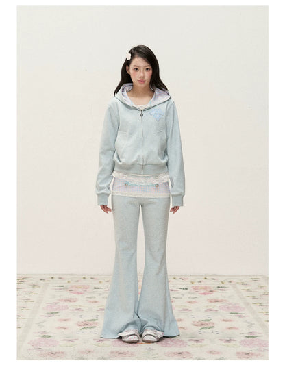 [RF] Soft Gingham Color-Block Hoodie and Flare Pants Set (Blue / Mauve)