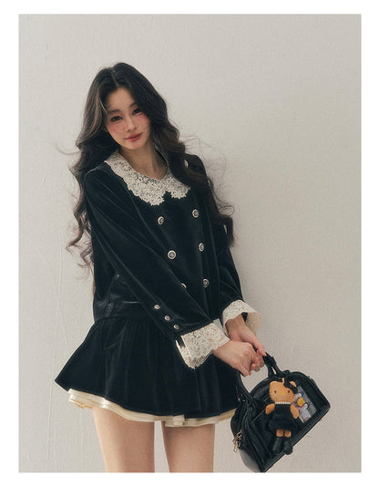 040126 "She Fades into Dusk" Velvet Lace Collar Two-Piece Set