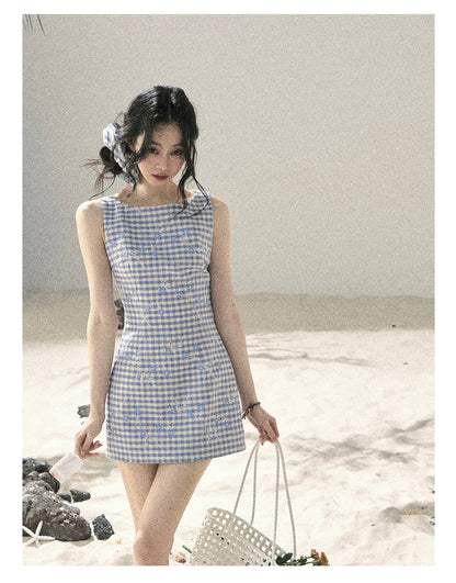 "Sea Breeze Reverie" Sky Blue Embroidered Plaid Mini Dress (With Matching Scrunchie)