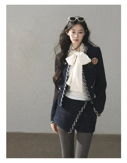 AOMALM - Navy Tweed Jacket & Skort Set with Dutch Cheese Top