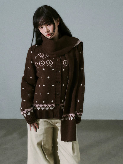 LOST FOREST - Brown Pink Fair Isle Wool-Blend Cardigan & Scarf Set