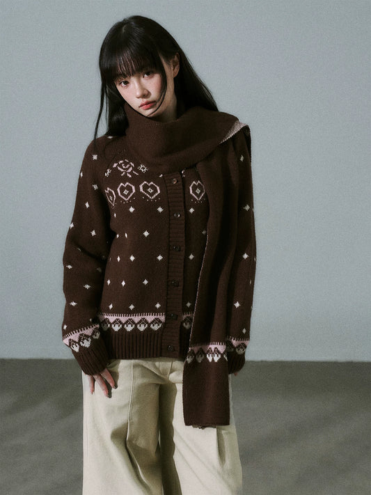 LOST FOREST - Brown Pink Fair Isle Wool-Blend Cardigan & Scarf Set