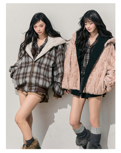 少也眼 “Pride & Prejudice” Reversible Oversize Jacket – Black & Blue Plaid
