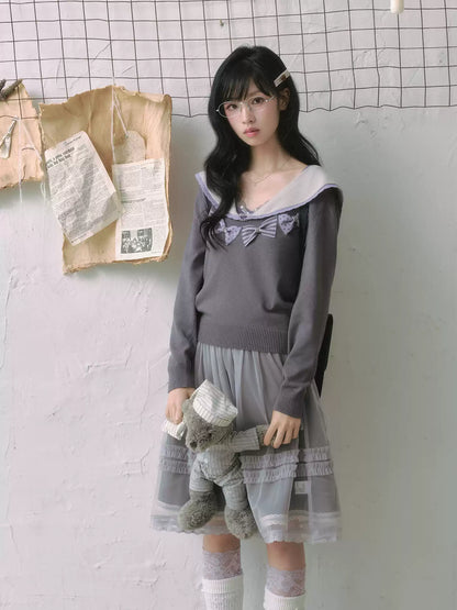 "Sage Whisper" Ethereal Layered Collection (Sailor Knit Sweater / Pleated Midi Skirt / Mesh Overlay Skirt)