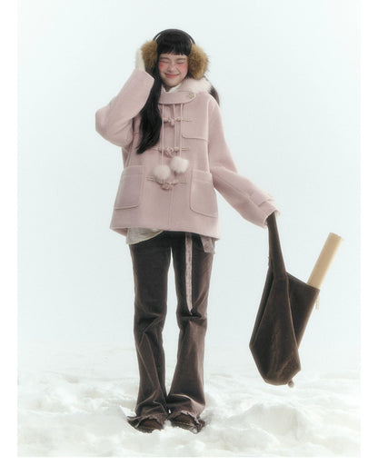Horridale - Preppy Hooded Wool-Blend Duffle Coat with Pom-Pom Details – Mist Pink