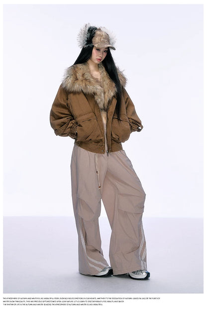 JN's DESIGN - Washed Chestnut Brown Faux Fur Collar Utility Jacket