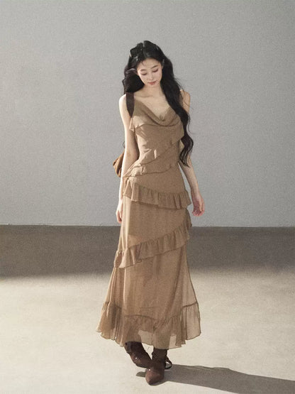 AOMALM - Cinnamon Gray-Brown Ruffle Chiffon Maxi Dress