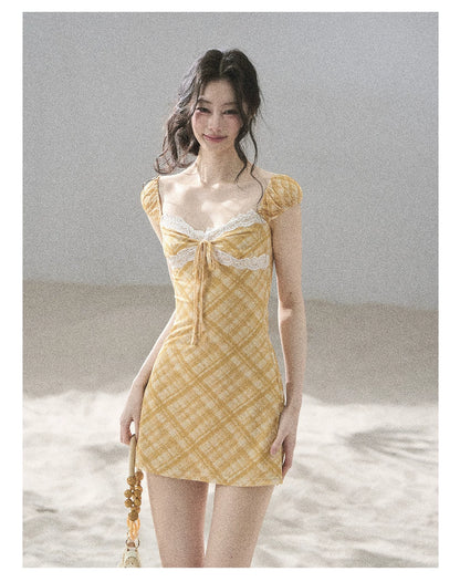 "Golden Wheat Whisper" Goose Yellow Lace Diamond Mini Dress