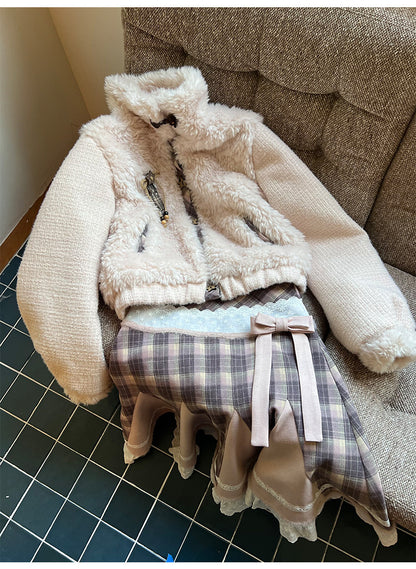 阮阮自制 - Love String Pink Plaid Wool Jacket & Mini Skirt Set