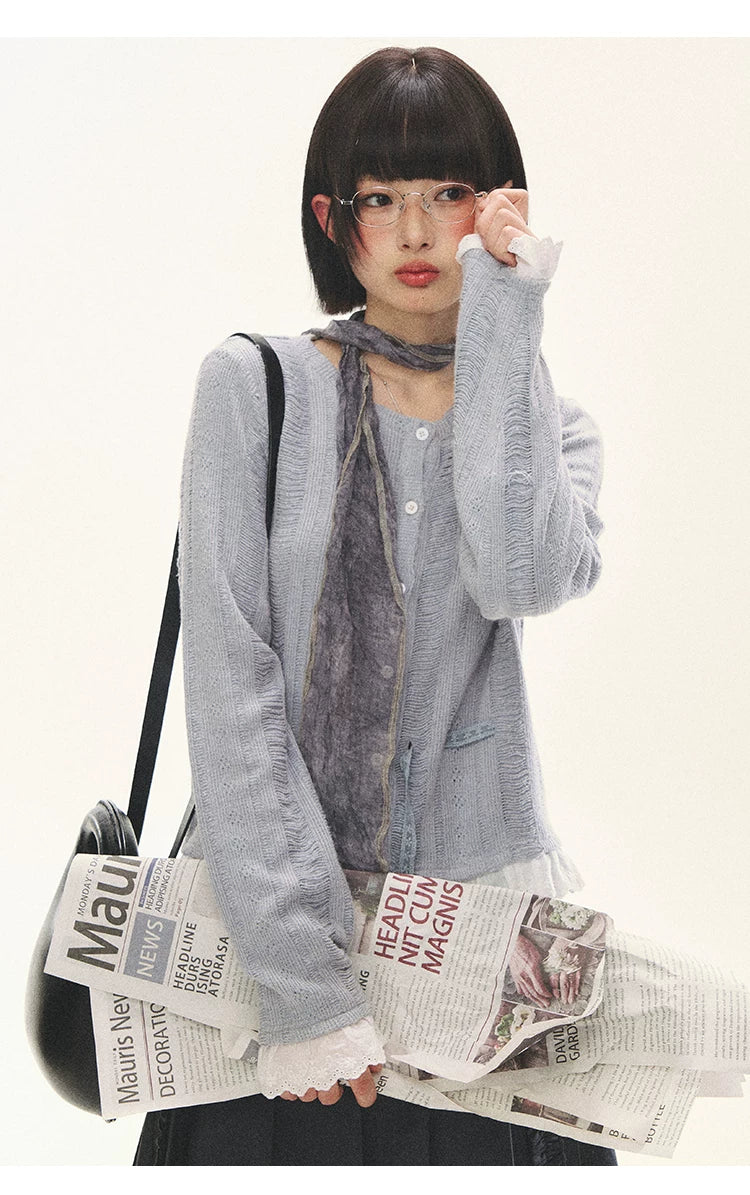 "Wisteria Whisper" Open-Knit Lace Tie Cardigan (Wisteria/ Ivory)