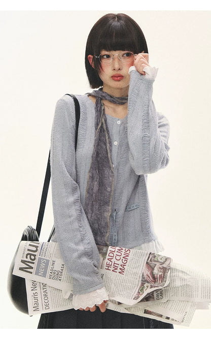 "Wisteria Whisper" Open-Knit Lace Tie Cardigan (Wisteria/ Ivory)