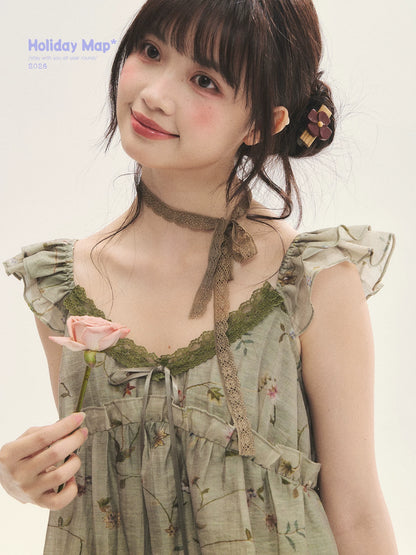 "Enchanted Forest" Moss Green Floral Lace Ruffle Cami Top
