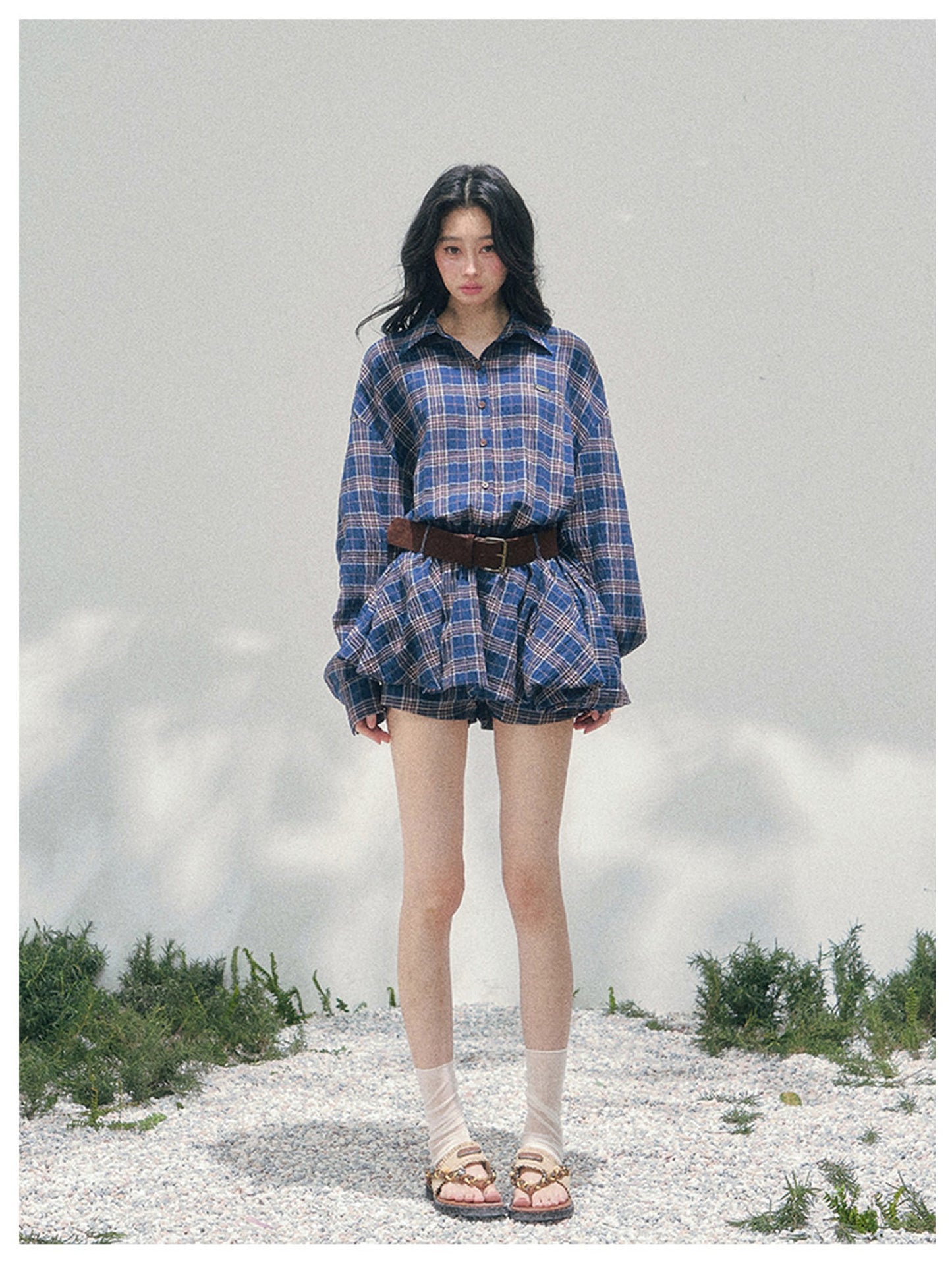 少也眼 “Rain Traces on Windowpanes” Polo-Collar Plaid Shirt Mini Dress 5286347