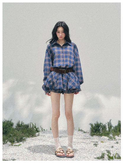 少也眼 “Rain Traces on Windowpanes” Polo-Collar Plaid Shirt Mini Dress 5286347