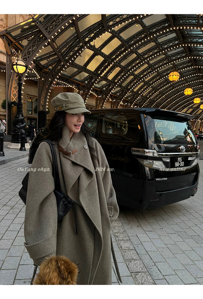 QuQuOuYang - 100% Wool Double-Face Belted Coat with Convertible Collar