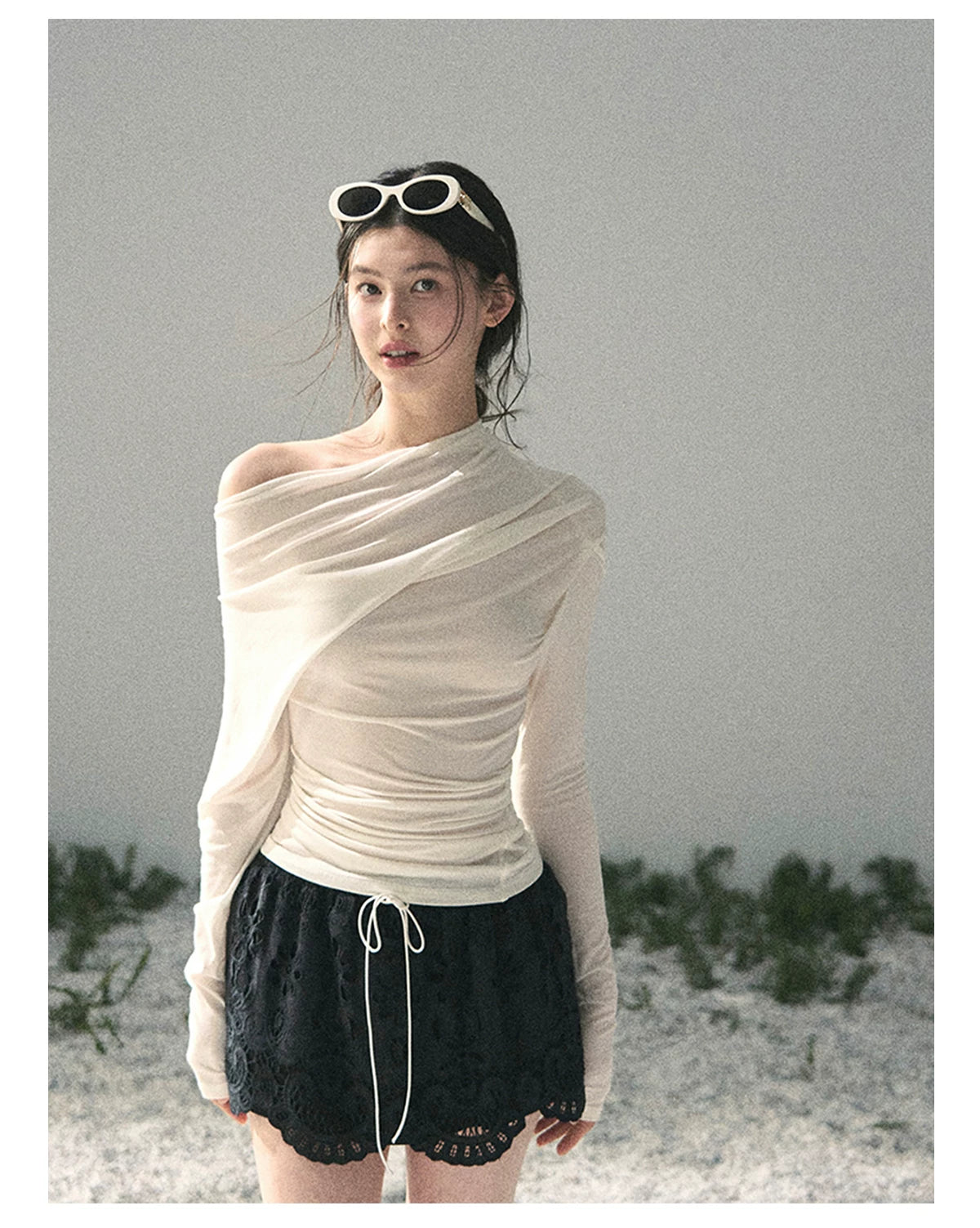 “Where Shadow Walks Beside Light” Milk Apricot Asymmetrical Top