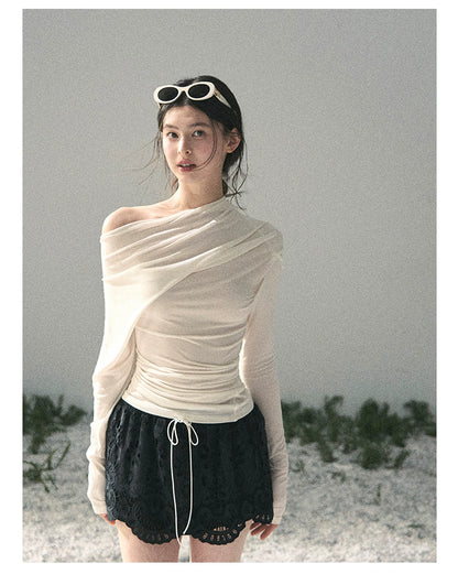 “Where Shadow Walks Beside Light” Milk Apricot Asymmetrical Top
