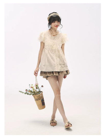 "Apricot Blossom Letter" Oatmeal Lace Patchwork Short Sleeve Blouse