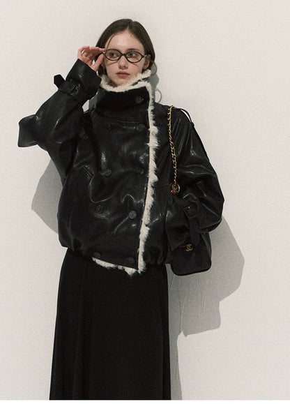 OAKMOO/ Cropped Faux Leather Shearling-Collar Jacket (Rich Black / Hazelnut Khaki)