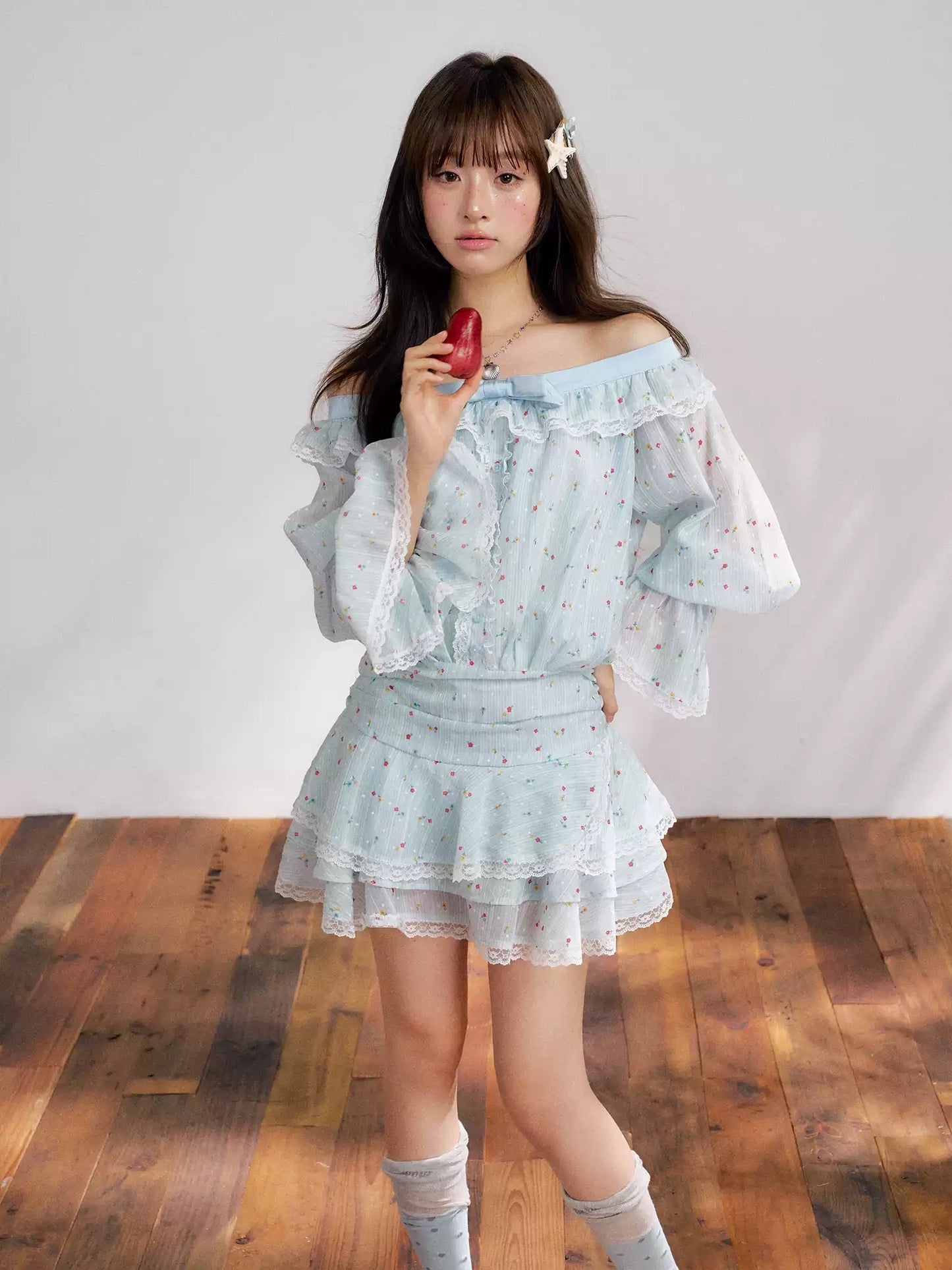 “Blue Meringue Reverie” Blue Off-Shoulder Cake Dress