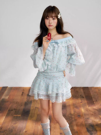 “Blue Meringue Reverie” Blue Off-Shoulder Cake Dress