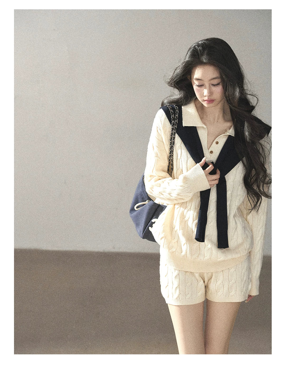AOMALM - Dutch Cream Cable Knit Sweater & Shorts Set with Shawl