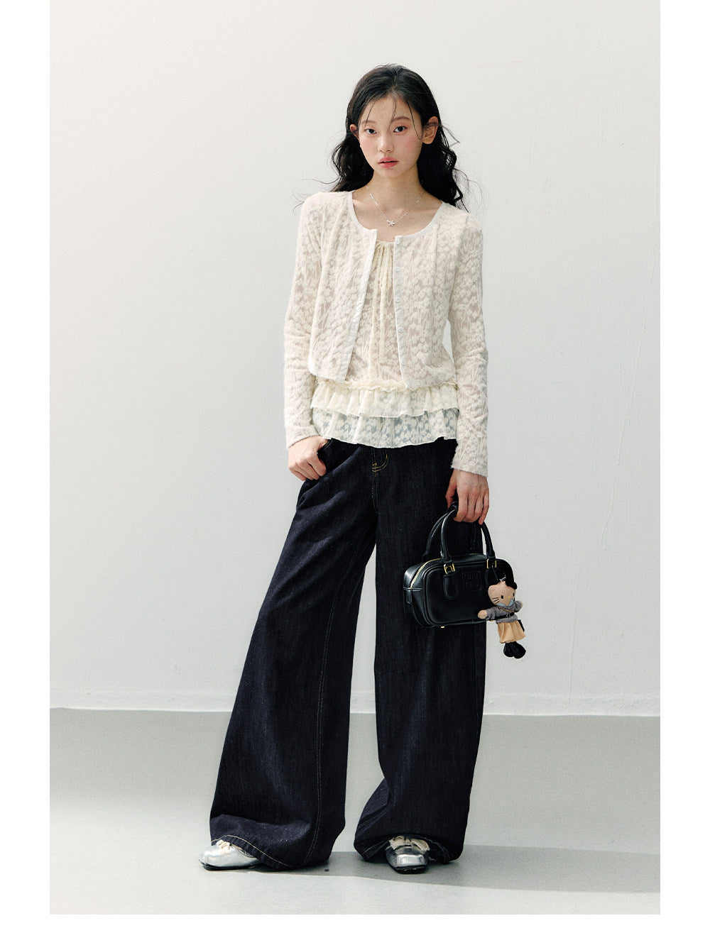 ANNATTO - Beige Apricot Faux Two-Piece Lace Long Sleeve Top & Blue Denim Pants Set