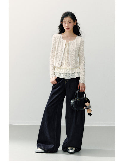 ANNATTO - Beige Apricot Faux Two-Piece Lace Long Sleeve Top & Blue Denim Pants Set