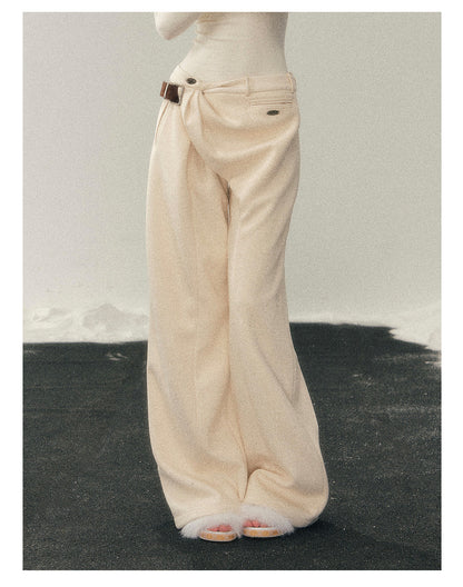 少也眼 “She Passes Through Winter” Fleece-Lined Wide-Leg Trousers with Belt Detail - Mother-of-Pearl Beige